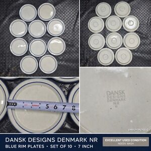 Dansk Designs Denmark NR Blue Rim White Speckled 7 Inch Plates Set of 10 Vintage